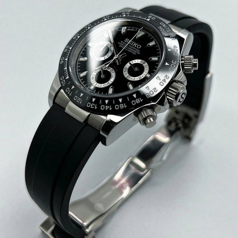 Seiko Mod Daytona Black | Rubber - TWTwatches