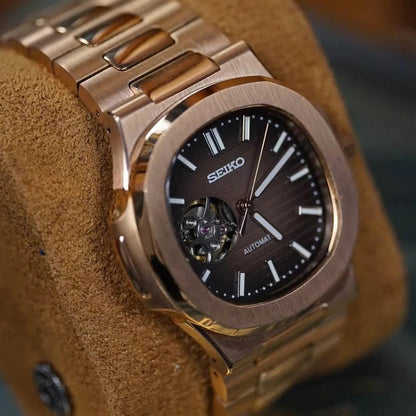 Seiko Mod Nautilus Open Heart | Rose Gold - TWTwatches